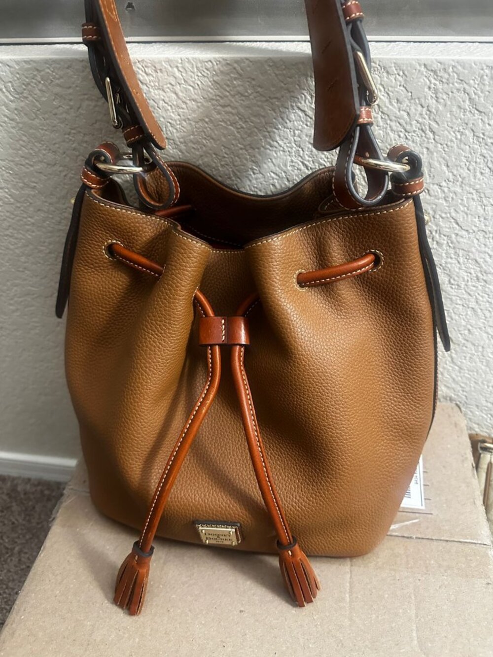 Dooney & Bourke R2077 pebbled leather drawstring bucket bag NEW QVC camel tan